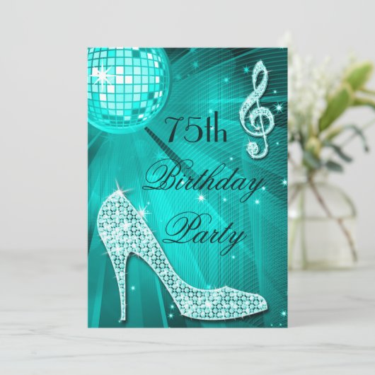 75th Birthday Sparkle Heels en Blauwgroen Disco Ba Kaart (Staand voorkant)