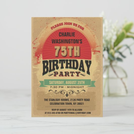 75th Birthday  Typography Grunge Kaart (Staand voorkant)