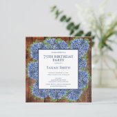 75th Birthday Wood Blue Hydrangeas Rustic Party Kaart (Staand voorkant)