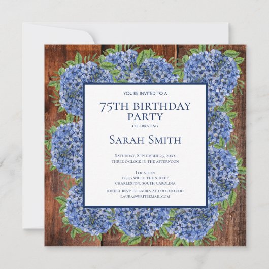 75th Birthday Wood Blue Hydrangeas Rustic Party Kaart (Voorkant)