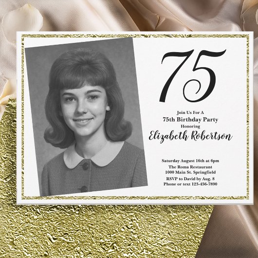 75th Custom Photo White and Gold  Kaart