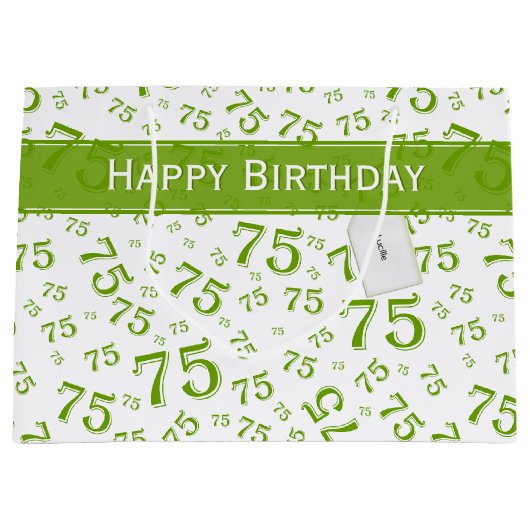 75th Happy Birthday Green/White Number Pattern Groot Cadeauzakje (Voorkant)