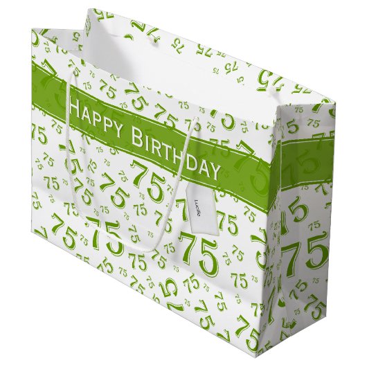 75th Happy Birthday Green/White Number Pattern Groot Cadeauzakje (Voorkant Gekanteld)
