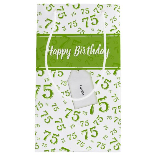 75th Happy Birthday Green/White Number Pattern Klein Cadeauzakje (Voorkant)
