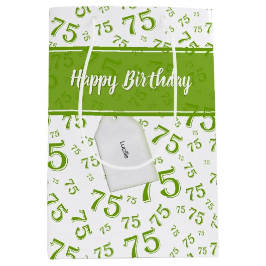 75th Happy Birthday Green/White Number Pattern Medium Cadeauzakje (Voorkant)