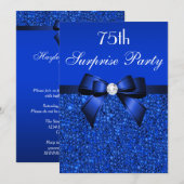 75th Surprise Party Royal Blue Sequins en boog Kaart (Voorkant / Achterkant)