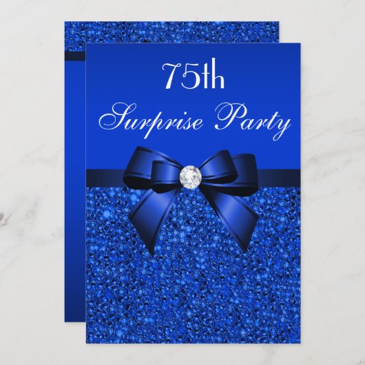 75th Surprise Party Royal Blue Sequins en boog Kaart (Voorkant / Achterkant)