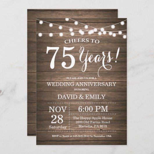 75th Wedding Jubileum Uitnodiging Rustic Wood (Voorkant / Achterkant)