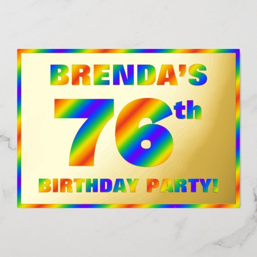 76e Birthday Party — Fun, regenboogspectrum "76" Folie Uitnodiging (Voorkant)