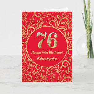 76e Birthday Red en Gold Floral Pattern Kaart