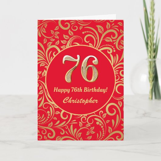 76e Birthday Red en Gold Floral Pattern Kaart (Voorkant)