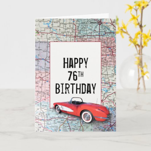 76e Birthday Retro Corvette op Kaart (Gele Bloem)