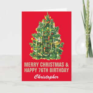 76e Happy Birthday en vrolijk kerstrood en goud Kaart