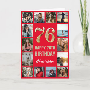 76e Happy Birthday Red en Gold Photo Collage Kaart