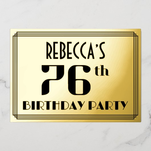 76e verjaardag: Art Deco Kijk "76" en naam Folie Uitnodiging (Voorkant)