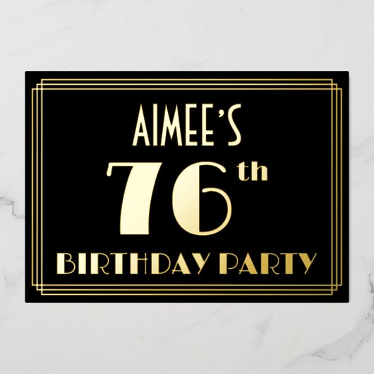 76e verjaardag: Art Deco Kijk "76", met naam Folie Uitnodiging (Voorkant)