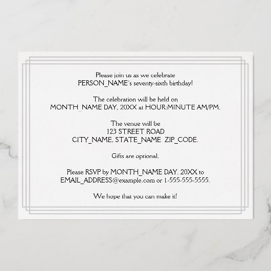 76e verjaardag — Art Deco look "76" + naam Folie Uitnodiging (Achterkant)