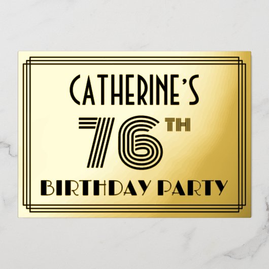 76e verjaardag — Art Deco Style "76" en naam Folie Uitnodiging (Voorkant)