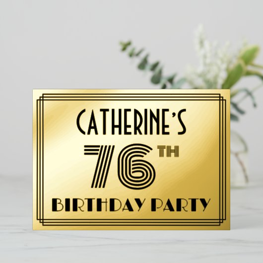 76e verjaardag — Art Deco Style "76" en naam Folie Uitnodiging (Staand Voorkant)