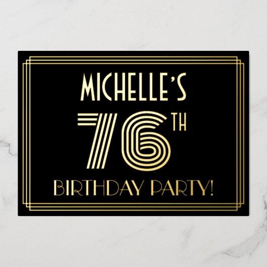 76e verjaardag — Art Deco Style "76" + Naam Folie Uitnodiging (Voorkant)