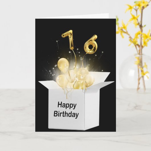 76e verjaardag ballonnen in witte doos kaart (Gele Bloem)