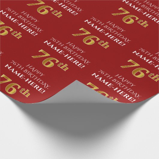 76e verjaardag: Elegant, Rood, Faux Gold Look Cadeaupapier (Hoek)
