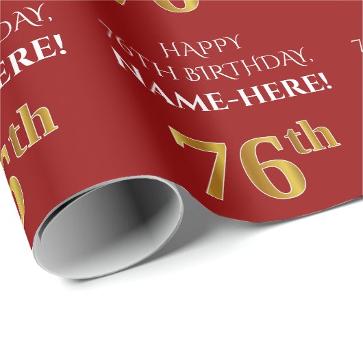 76e verjaardag: Elegant, Rood, Faux Gold Look Cadeaupapier (Rol Hoek)