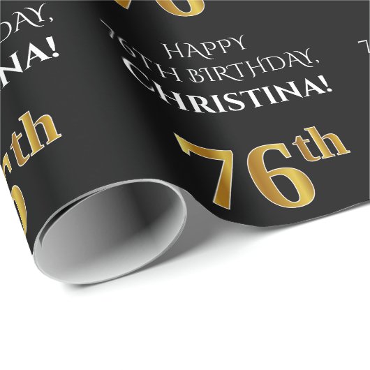 76e verjaardag: Elegant, zwart, Faux Gold look Cadeaupapier (Rol Hoek)