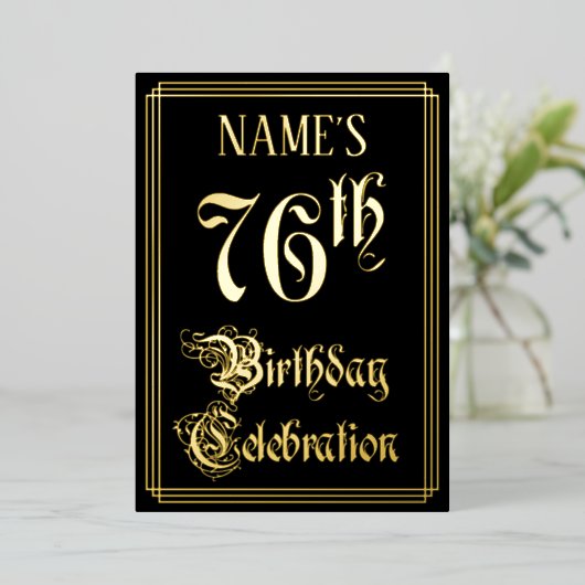 76e verjaardag — Fancy script en aangepaste naam Folie Uitnodiging (Staand Voorkant)