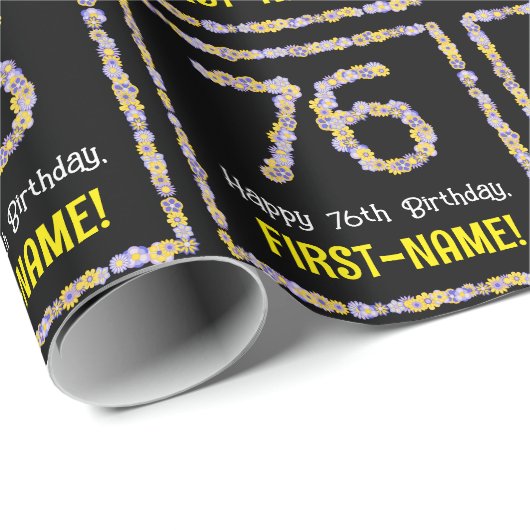 76e verjaardag: Floral Flowers Number, Custom Name Cadeaupapier (Rol Hoek)