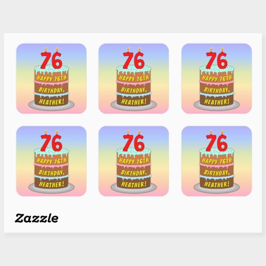 76e verjaardag: Fun Cake and Candles + Custom Name Vierkante Sticker (Vel)