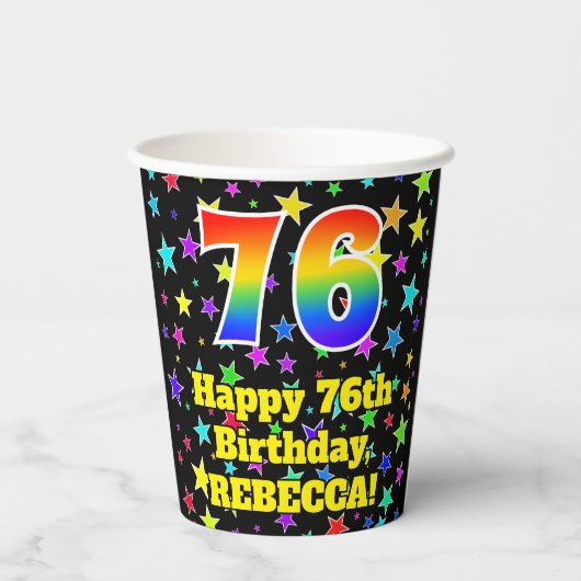 76e verjaardag: Fun Stars Pattern en Rainbow 76 Papieren Bekers (Achterkant)