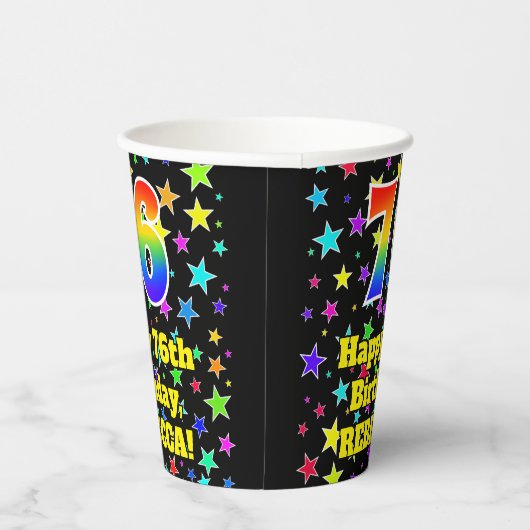 76e verjaardag: Fun Stars Pattern en Rainbow 76 Papieren Bekers (Rechts)
