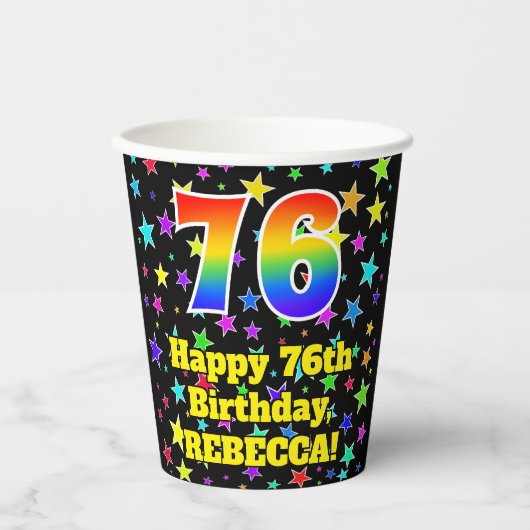 76e verjaardag: Fun Stars Pattern en Rainbow 76 Papieren Bekers (Voorkant)