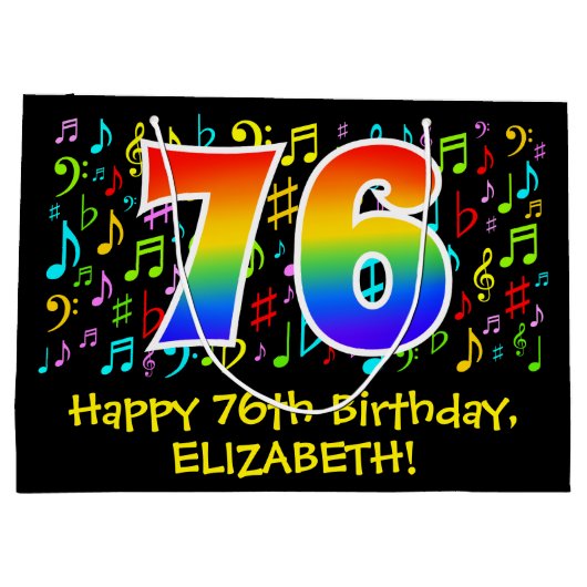 76e verjaardag - Kleurrijke muzieksymbolen, Rainbo Groot Cadeauzakje (Achterkant)