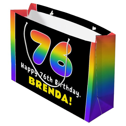 76e verjaardag: kleurrijke regenboog # 76, aangepa groot cadeauzakje (Achterkant Gekanteld)