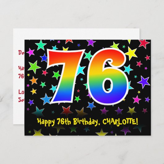 76e Verjaardag: Leuke Sterren Patroon, Regenboog 7 Briefkaart (Voorkant / Achterkant)