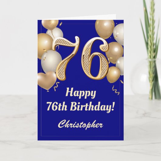 76e verjaardag marinenblauw en gouden ballonnen Co Kaart (Voorkant)