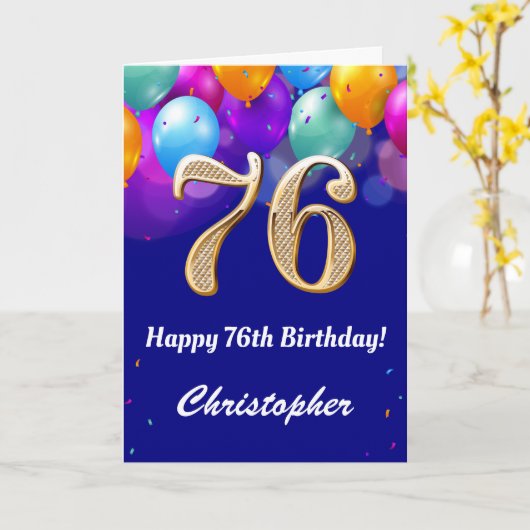 76e verjaardag marinesblauwe en goudkleurige ballo kaart (Gele Bloem)