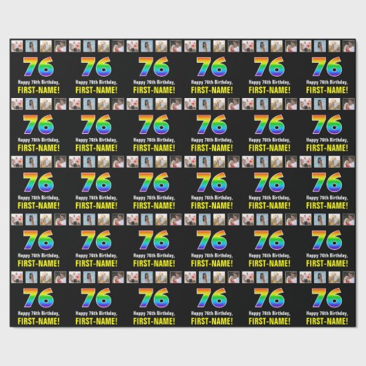 76e Verjaardag: Regenboog "76"; Aangepaste Foto's  Cadeaupapier (Zoom)