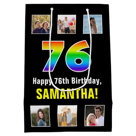 76e verjaardag: Regenboog "76", Aangepaste foto's  Medium Cadeauzakje (Achterkant)