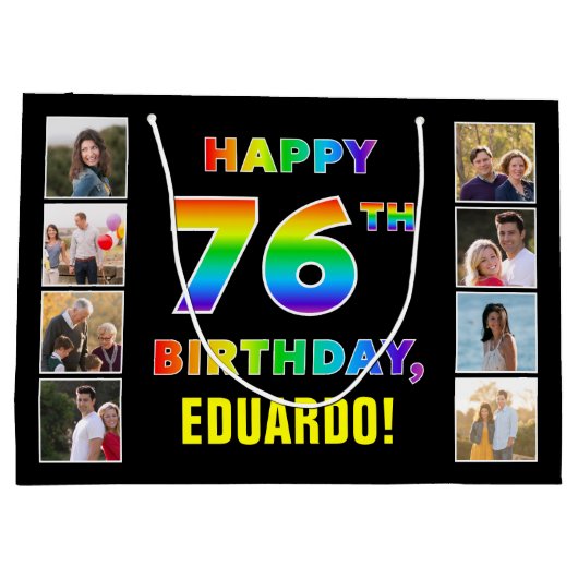 76e Verjaardag: Regenboogtekst, Aangepaste foto's  Groot Cadeauzakje (Achterkant)