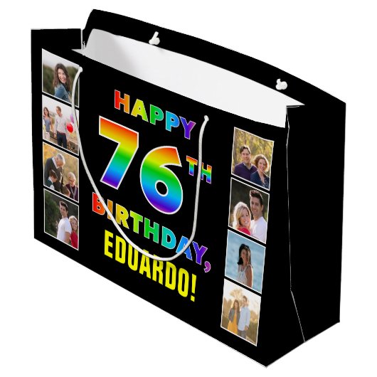 76e Verjaardag: Regenboogtekst, Aangepaste foto's Groot Cadeauzakje (Achterkant Gekanteld)