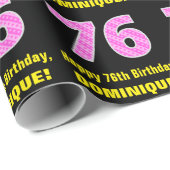 76e verjaardag: roze strepen en harten "76" + naam cadeaupapier (Rol Hoek)