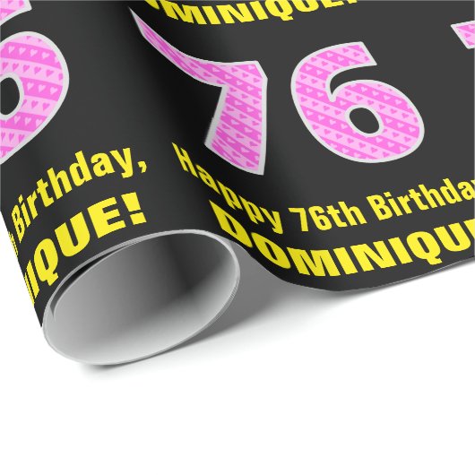 76e verjaardag: roze strepen en harten "76" + naam cadeaupapier (Rol Hoek)