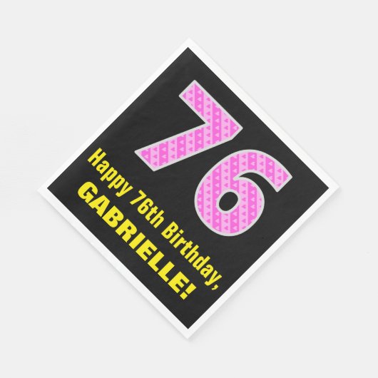 76e verjaardag: roze strepen en harten "76" + naam servet (Hoek)