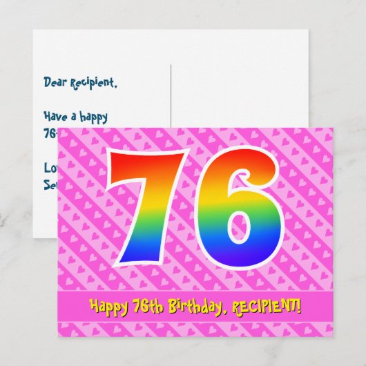 76e verjaardag: Roze strepen & harten, Regenboog 7 Briefkaart (Voorkant / Achterkant)