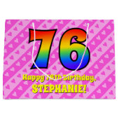 76e verjaardag: roze strips & harten, regenboognr. groot cadeauzakje (Voorkant)