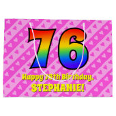 76e verjaardag: roze strips & harten, regenboognr. groot cadeauzakje (Achterkant)