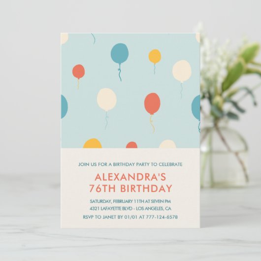 76e verjaardag Uitnodigingen Balloons Blauw (Staand voorkant)